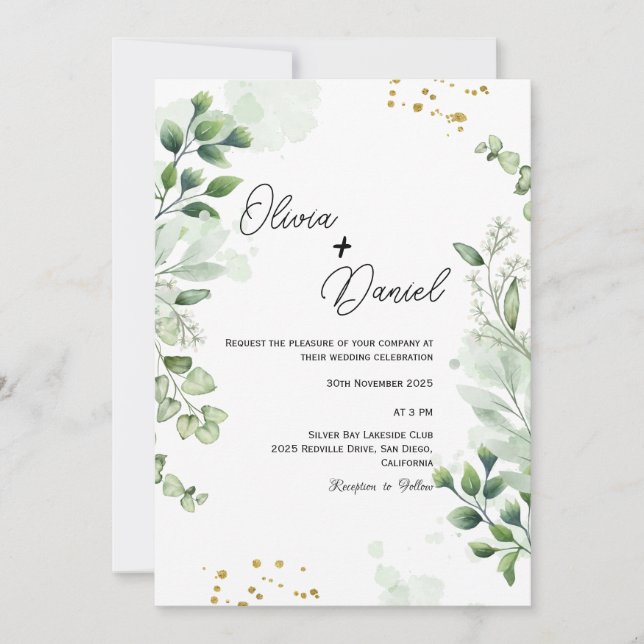 Fresh Greenery Script Wedding Invitation (Front)