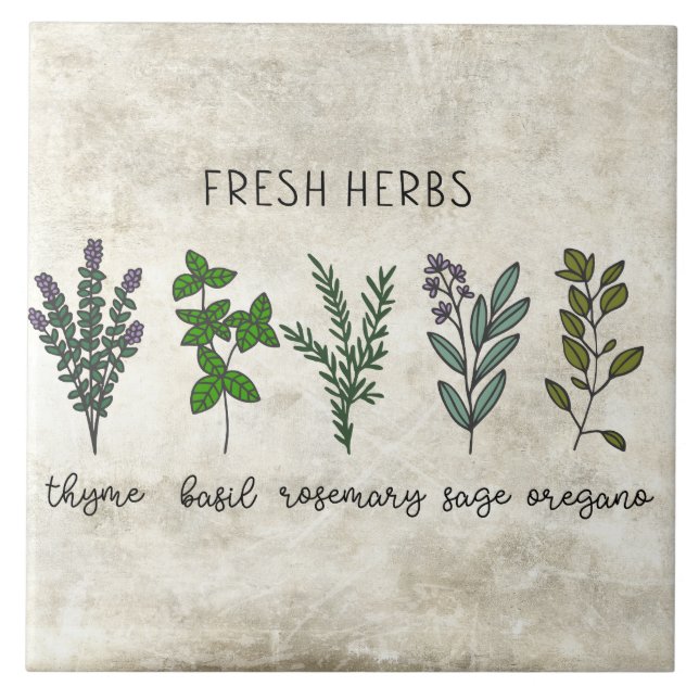 Fresh Herbs Thyme Basil Rustic Farmhouse Tile (Front)