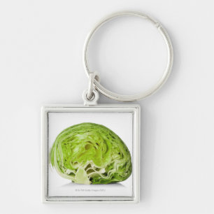 Fresh iceberg lettuce cut in half, on white keychain