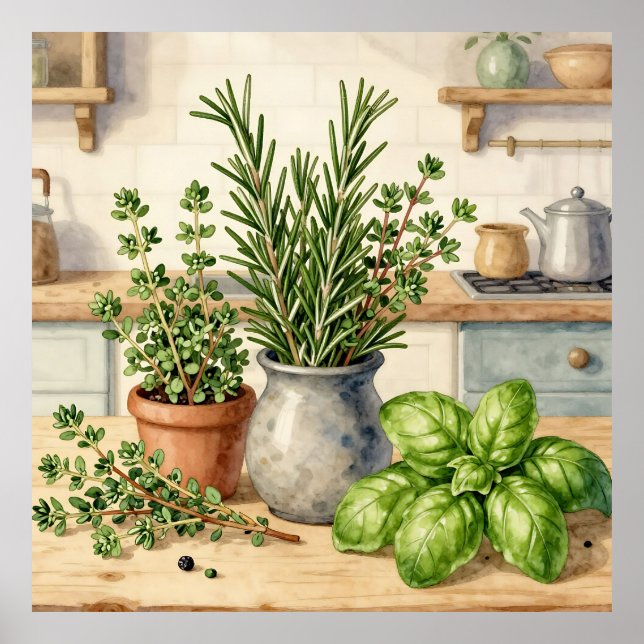 Fresh Kitchen Herbs Watercolor  Poster (Front)
