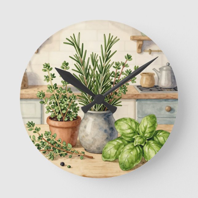 Fresh Kitchen Herbs Watercolor  Round Clock (Front)