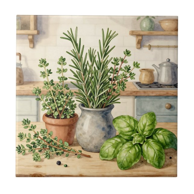 Fresh Kitchen Herbs Watercolor  Tile (Front)