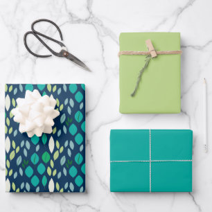 Fresh Leaf Pattern in Blue Teal and Green Wrapping Paper Sheet