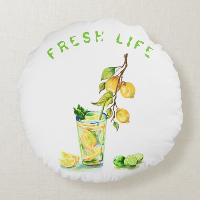 Fresh Lemon Drink Round Pillow - Custom Text (Back)