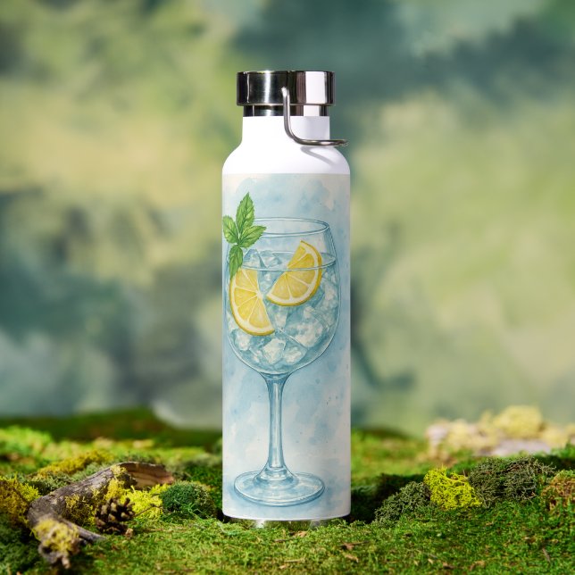 Fresh Lemon & Mint Gin & Tonic – Watercolor  Water Bottle (Outdoor (Rotated))