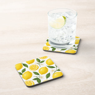 Fresh Lemon Pattern with Leaves & Blossoms Coaster
