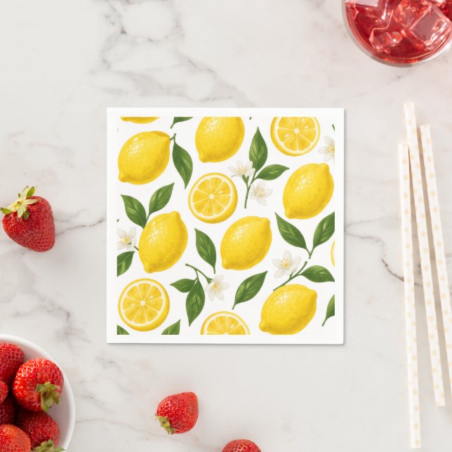 Fresh Lemon Pattern with Leaves & Blossoms Napkin (Insitu)