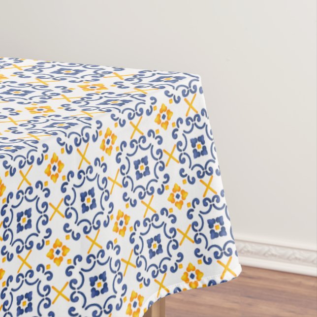Fresh Lemon Yellow and Blue on White Mediterranean Tablecloth (In Situ)