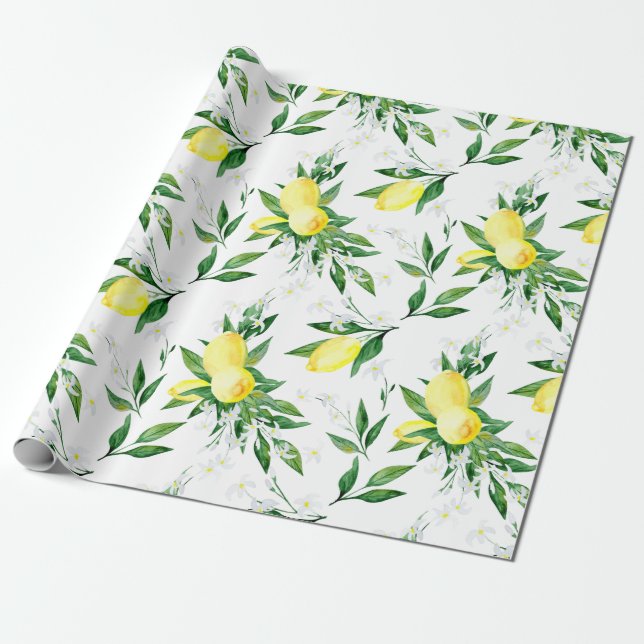 Fresh Lemons Greenery Blossom Watercolor Wrapping Paper (Unrolled)