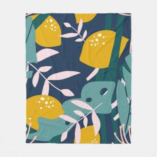Fresh lemons, leaves background. Hand drawn overla Fleece Blanket
