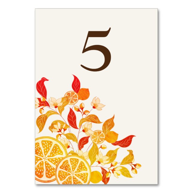 Fresh Lemony Love Citrus Foliage Wedding Table Number (Front)