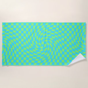 Fresh Light Blue & Green Warped Chequered Pattern Beach Towel