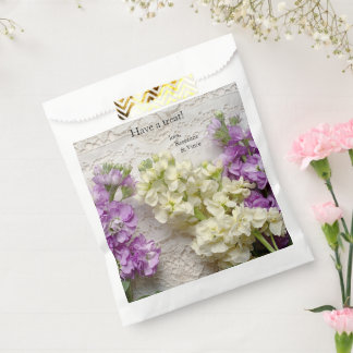 Fresh lilacs on old lace favour bag