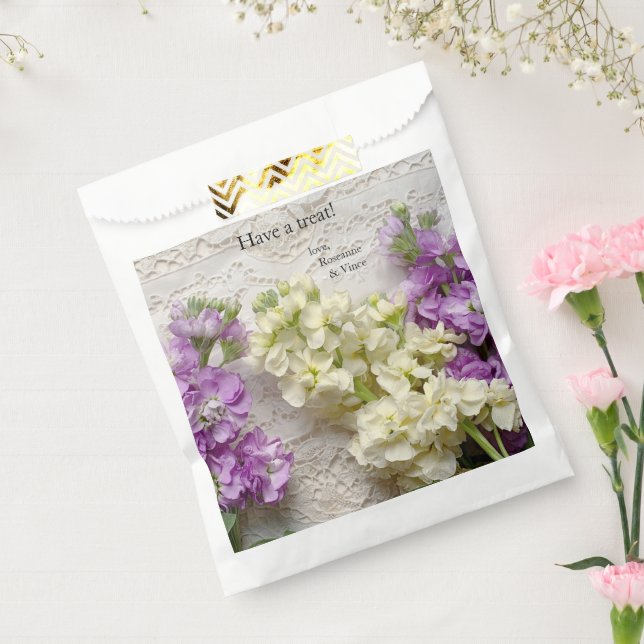 Fresh lilacs on old lace favour bag (Sealed)