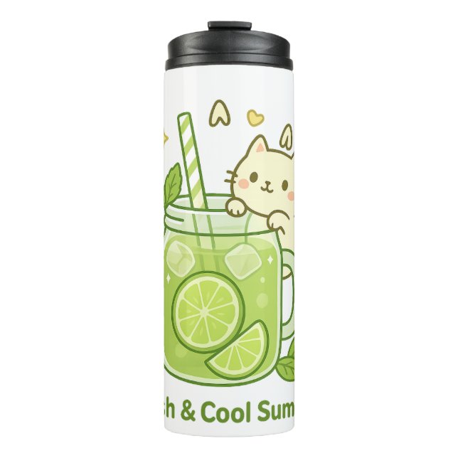 Fresh Lime Juice & Cute Cat Kawaii Design Thermal Tumbler (Front)