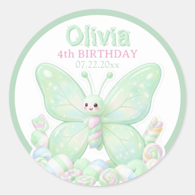 Fresh Mint Green Birthday Butterfly Circle Sticker (Front)
