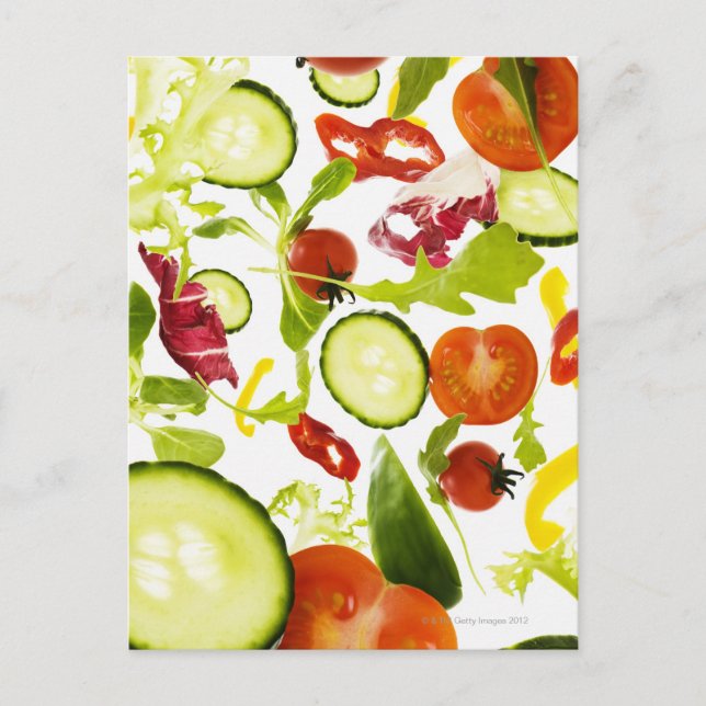 Fresh mixed salad vegetables falling to camera postcard (Front)