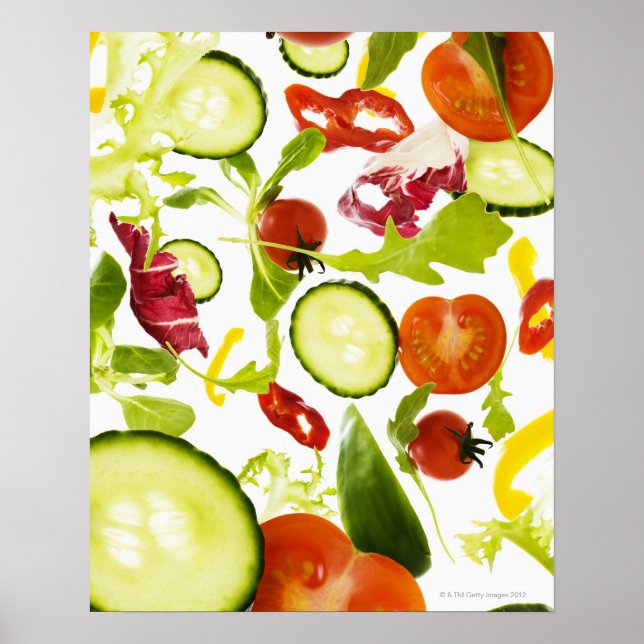 Fresh mixed salad vegetables falling to camera poster (Front)