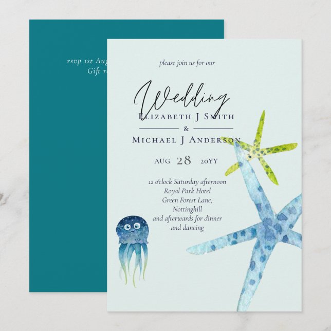 Fresh Modern Beach Ocean Life Mariages Invitations (Devant / Derrière)