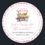 Fresh Off The Market Farmers Market Bridal Shower Classic Round Sticker<br><div class="desc">Fresh Off The Market and ready to celebrate! 🛒💐 These adorable classic round stickers are the perfect finishing touch for your farmers market–themed bridal shower! Featuring playful pink wildflowers and vintage charm, they’re ideal for sealing envelopes, favour bags, jars, or anything that needs a little extra love. 🌸🍓💌 Sweet, rustic,...</div>