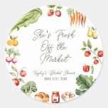 Fresh off the Market Farmer's Market Bridal Shower Classic Round Sticker<br><div class="desc">Add the perfect finishing touch to your bridal shower favours with these "Fresh Off the Market" classic round sticker labels! Featuring a charming farmer’s market-inspired design with vibrant fruits and vegetables, these stickers bring a rustic yet elegant touch to your celebration. Perfect for sealing favour bags, jars, or gifts, they’re...</div>