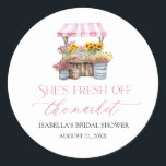 Fresh Off The Market Farmers Market Bridal Shower Classic Round Sticker<br><div class="desc">Fresh Off The Market and ready to celebrate! 🛒💐 These adorable classic round stickers are the perfect finishing touch for your farmers market–themed bridal shower! Featuring playful pink wildflowers and vintage charm, they’re ideal for sealing envelopes, favour bags, jars, or anything that needs a little extra love. 🌸🍓💌 Sweet, rustic,...</div>