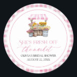 Fresh Off The Market Farmers Market Bridal Shower Classic Round Sticker<br><div class="desc">Fresh Off The Market and ready to celebrate! 🛒💐 These adorable classic round stickers are the perfect finishing touch for your farmers market–themed bridal shower! Featuring playful pink wildflowers and vintage charm, they’re ideal for sealing envelopes, favour bags, jars, or anything that needs a little extra love. 🌸🍓💌 Sweet, rustic,...</div>