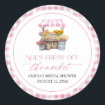 Fresh Off The Market Farmers Market Bridal Shower Classic Round Sticker<br><div class="desc">Fresh Off The Market and ready to celebrate! 🛒💐 These adorable classic round stickers are the perfect finishing touch for your farmers market–themed bridal shower! Featuring playful pink wildflowers and vintage charm, they’re ideal for sealing envelopes, favour bags, jars, or anything that needs a little extra love. 🌸🍓💌 Sweet, rustic,...</div>