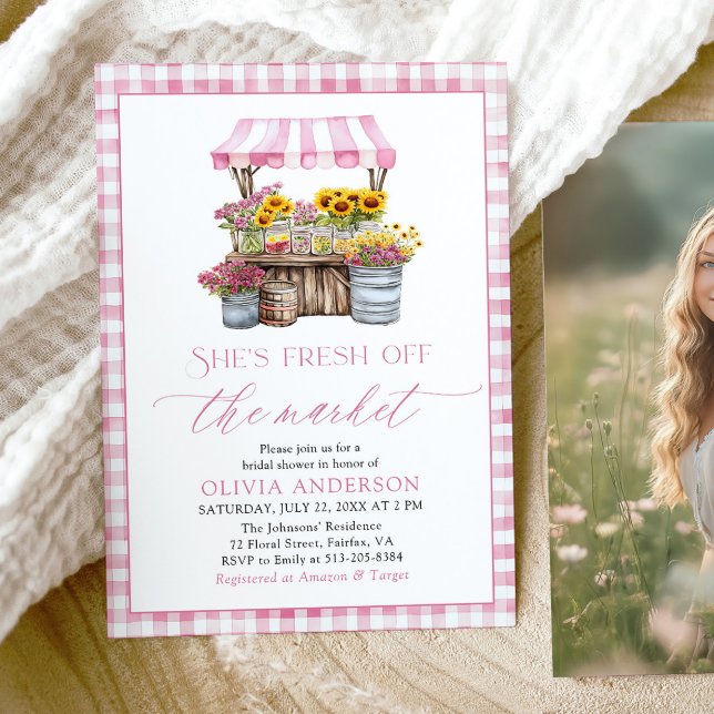 Fresh Off The Market Farmers Market Bridal Shower Invitation (Modern Watercolor Pink Gingham Fresh Off The Market Farmers Market Bridal Shower Invitation)