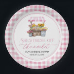Fresh Off The Market Farmers Market Bridal Shower Paper Plate<br><div class="desc">She Is Fresh Off The Market and ready to celebrate in style! 🛒🌸🍽️ These charming bridal shower paper plates feature soft pink wildflowers, vintage farmers market flair, and a sweet pink gingham background — the perfect combo of rustic and romantic! Ideal for serving treats, snacks, or cake, they add a...</div>