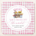 Fresh Off The Market Farmers Market Bridal Shower Square Paper Coaster<br><div class="desc">She Is Fresh Off The Market and serving up charm! 🛒🌸🥂 These adorable square paper coasters are the perfect detail for your farmers market–themed bridal shower. Featuring soft pink wildflowers, rustic market flair, and a hint of pink gingham, they add a fresh and feminine touch to drink stations, place settings,...</div>