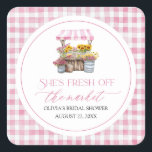 Fresh Off The Market Farmers Market Bridal Shower Square Sticker<br><div class="desc">She Is Fresh Off The Market and cute as can be! 🛒🌸💖 This square bridal shower sticker features soft pink wildflowers, vintage farmers market charm, and a touch of pink gingham for that perfect rustic-chic vibe. Ideal for sealing favour bags, decorating jars, boxes, or adding a sweet detail to your...</div>