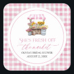 Fresh Off The Market Farmers Market Bridal Shower Square Sticker<br><div class="desc">She Is Fresh Off The Market and cute as can be! 🛒🌸💖 This square bridal shower sticker features soft pink wildflowers, vintage farmers market charm, and a touch of pink gingham for that perfect rustic-chic vibe. Ideal for sealing favour bags, decorating jars, boxes, or adding a sweet detail to your...</div>