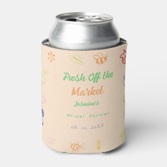 Fresh Off The Market Hand Drawn Bridal Shower Can Cooler (Can Front)