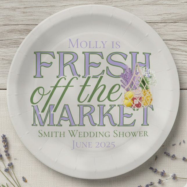 Fresh Off the Market – Personalized Modern Bridal Paper Plate (Celebrate your newly-engaged status in style with this elegant “Fresh Off the Market” design!)