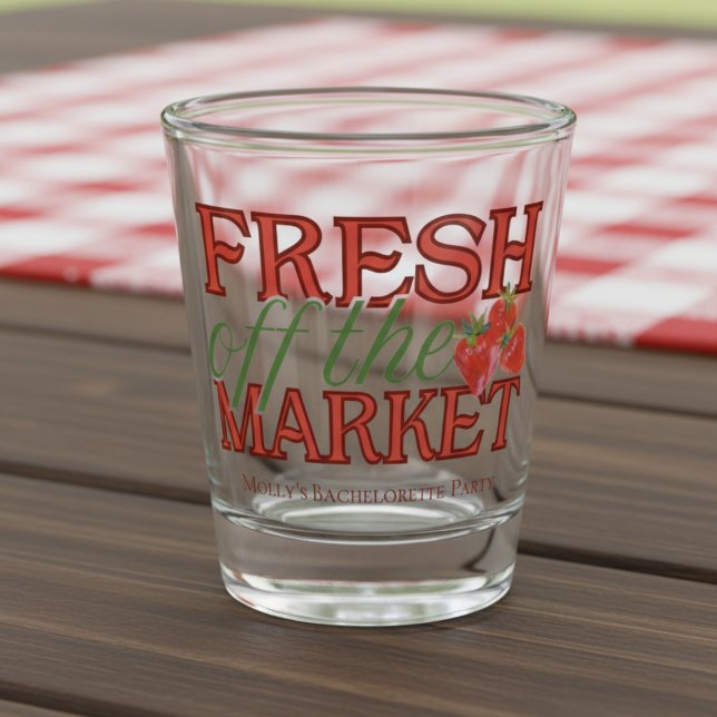 Fresh Off the Market – Personalized Modern Bridal Shot Glass (Celebrate your newly-engaged status in style with this elegant “Fresh Off the Market” design!)