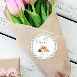 Fresh Off The Market Sage Gingham Bridal Shower Classic Round Sticker