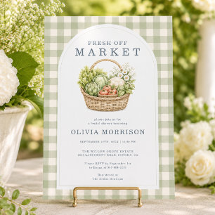 Fresh Off the Market Sage Gingham Bridal Shower Invitation