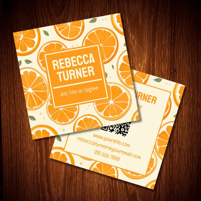 Fresh Orange Slice Pattern, Bright Citrus, QR Code Square Business Card (Creator Uploaded)