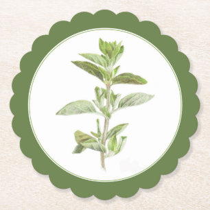 FRESH OREGANO Scalloped Round Coaster -text Green