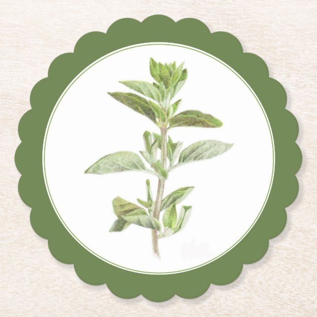 FRESH OREGANO Scalloped Round Coaster -text Green (Front)