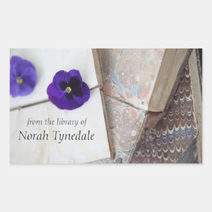 Fresh pansies on old books bookplate sticker