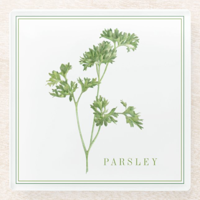 FRESH PARSLEY Glass Beverage Coaster (+text) (Front)