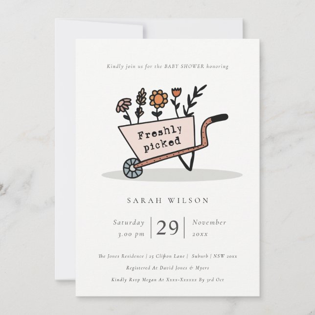 Fresh Picked Blush Floral Cart Baby Shower Invite (Front)