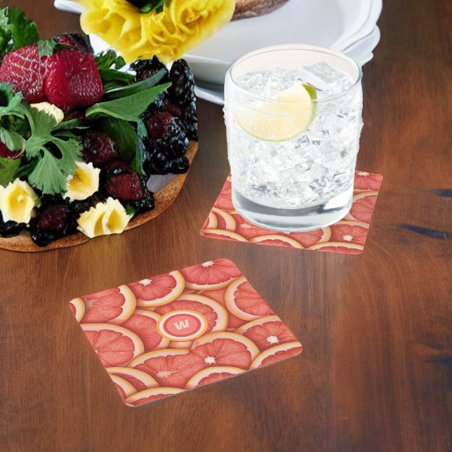 Fresh Picked Pink Grapefruit Monogram Initial Square Paper Coaster (Creator Uploaded)