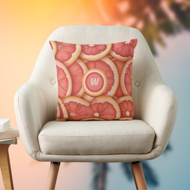 Fresh Picked Pink Grapefruit Monogram Initial Throw Pillow (Creator Uploaded)