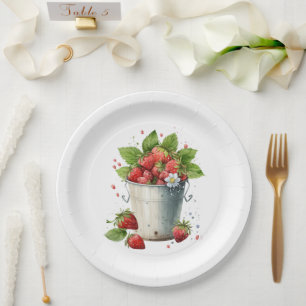 Fresh Picked Strawberries in a Bucket Paper Plate