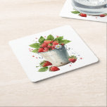 Fresh Picked Strawberries in a Bucket Square Paper Coaster<br><div class="desc">Paper (sturdy pulp board) coasters with a summery graphic of a bunch of strawberries overflowing in a bucket.</div>