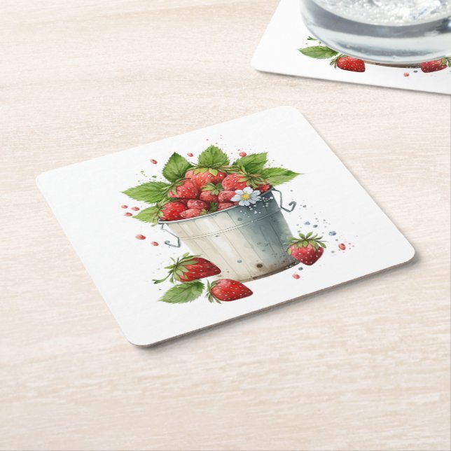 Fresh Picked Strawberries in a Bucket Square Paper Coaster (Angled)