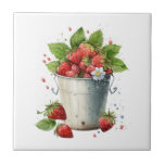 Fresh Picked Strawberries in a Bucket Tile<br><div class="desc">Ceramic tile with a summery graphic of a bunch of strawberries overflowing in a bucket.</div>